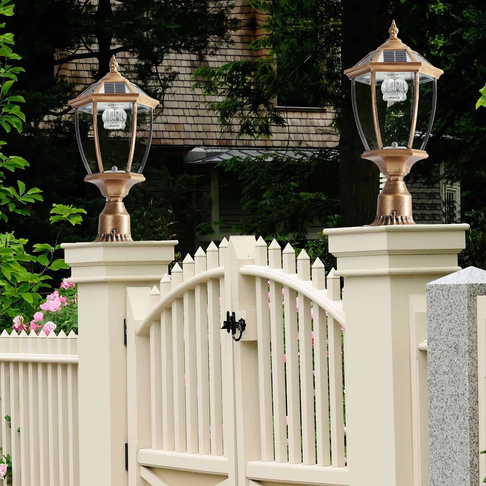 20'(H) Golden Solar Powered LED Outdoor Lantern, Vintage Garden Light with Elegant Glass Design for Pathways, Yards, and Patios (2-Pack)