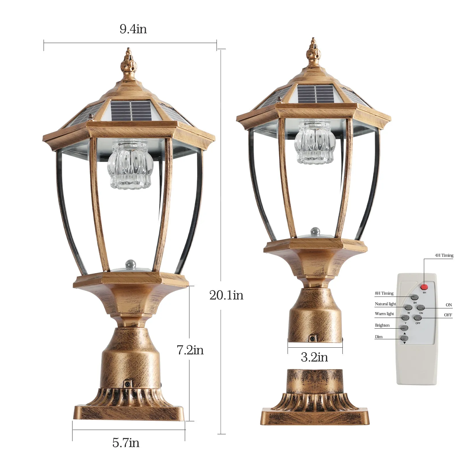 20'(H) Golden Solar Powered LED Outdoor Lantern, Vintage Garden Light with Elegant Glass Design for Pathways, Yards, and Patios (2-Pack)