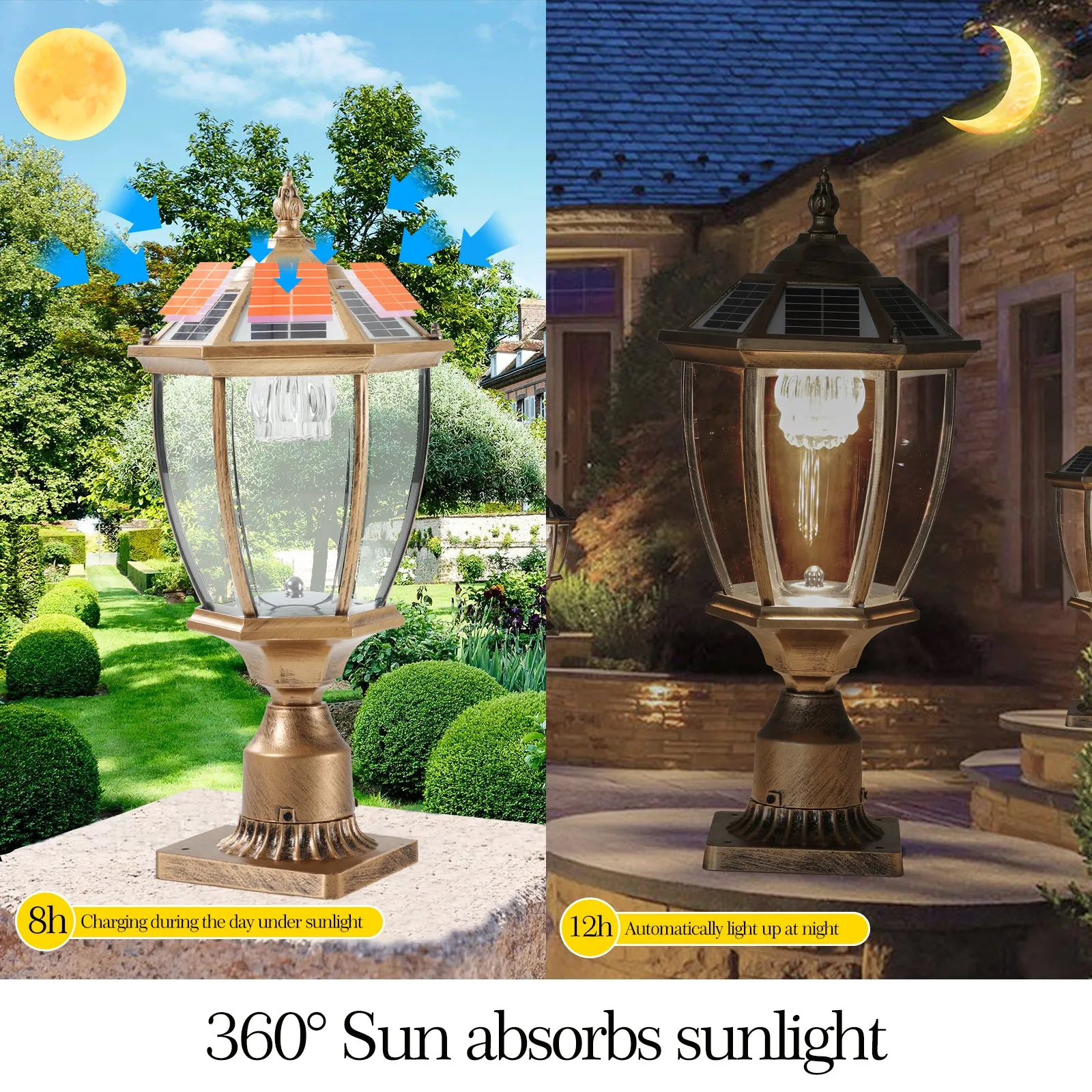 20'(H) Golden Solar Powered LED Outdoor Lantern, Vintage Garden Light with Elegant Glass Design for Pathways, Yards, and Patios (2-Pack)