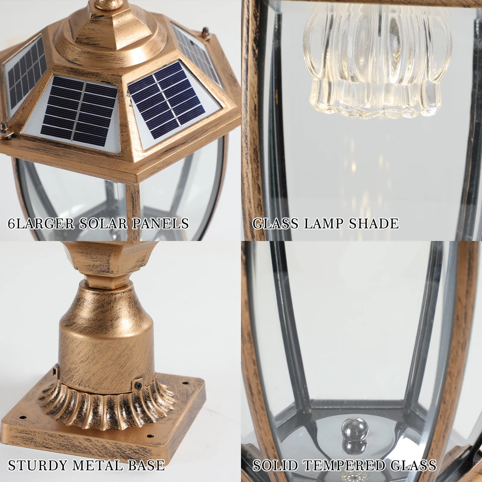 20'(H) Golden Solar Powered LED Outdoor Lantern, Vintage Garden Light with Elegant Glass Design for Pathways, Yards, and Patios (2-Pack)