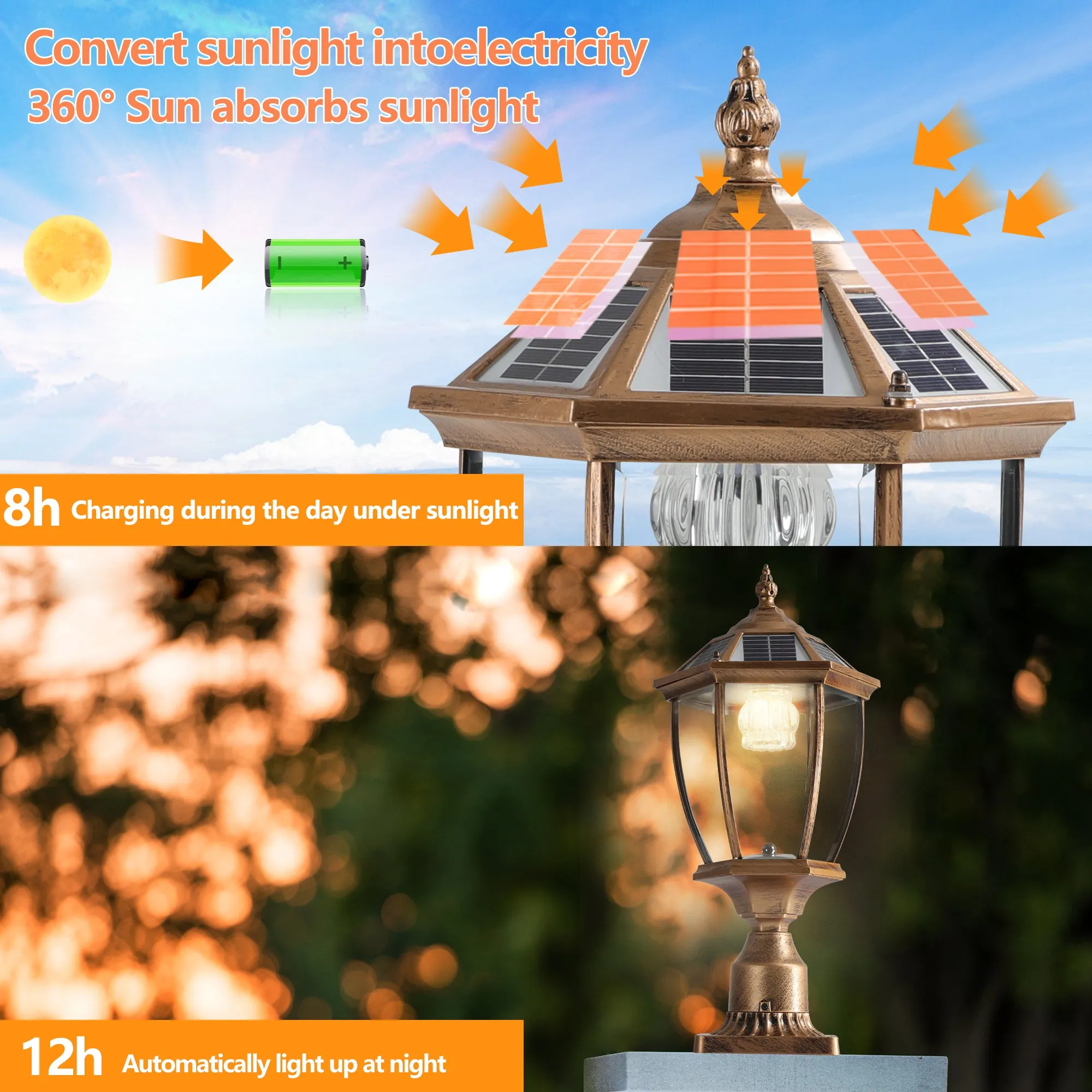 20'(H) Golden Solar Powered LED Outdoor Lantern, Vintage Garden Light with Elegant Glass Design for Pathways, Yards, and Patios (2-Pack)