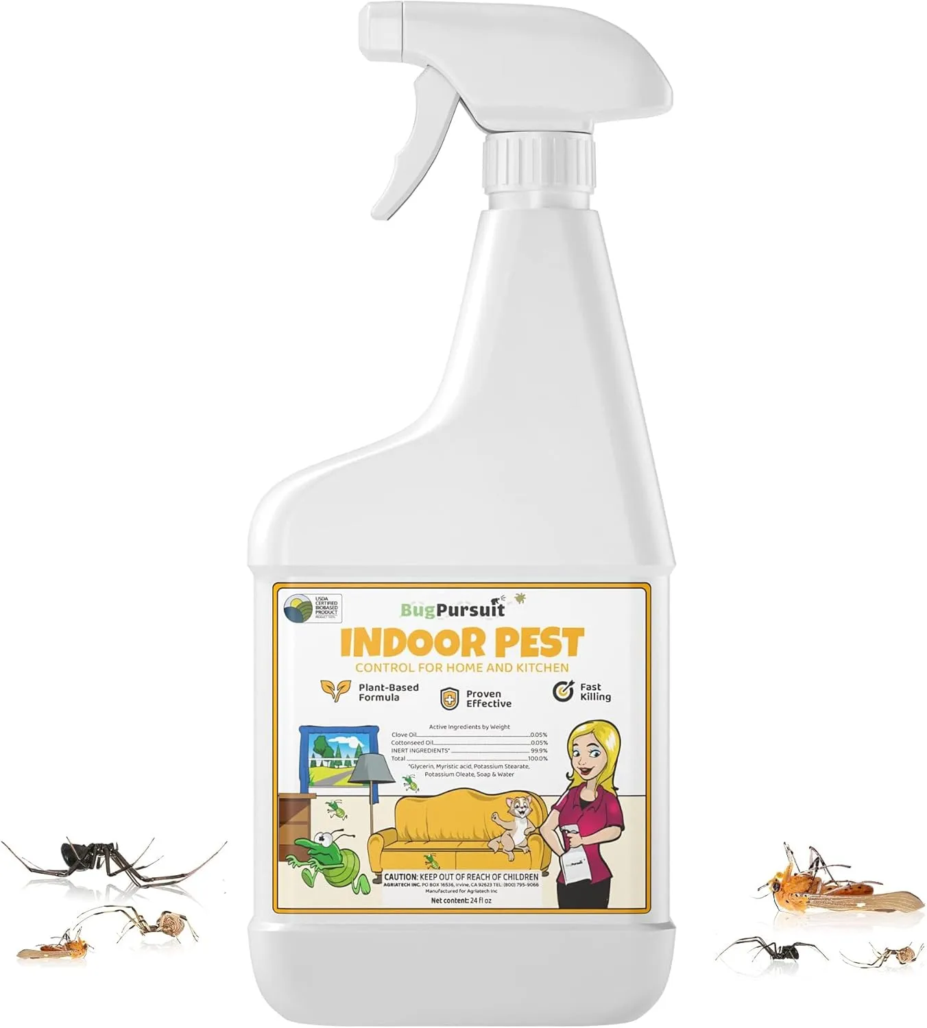 24oz Indoor Pest Control for Ant, Fly, Flea,Tick, Roach, Spider, Moth, Carpet Beetle and More, Plant Based Insect Killer for Home & Kitchen Use, Natural Solution, Pets & Family Safe