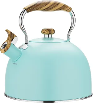 2.6 Quart Tea Kettle Stovetop Whistling for Stove Top Food Grade Stainless Steel Tea Kettles with Cool Wood Pattern Handle, Blue