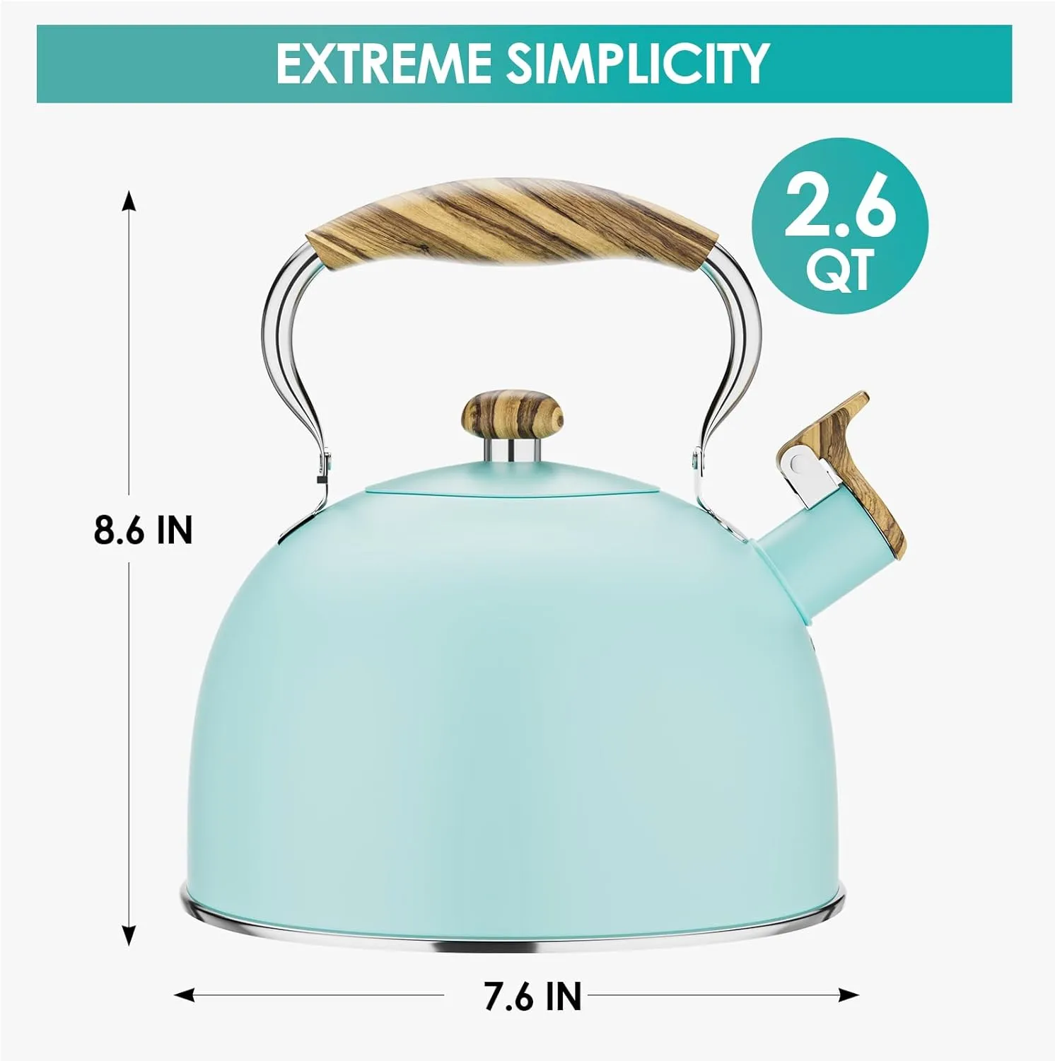 2.6 Quart Tea Kettle Stovetop Whistling for Stove Top Food Grade Stainless Steel Tea Kettles with Cool Wood Pattern Handle, Blue