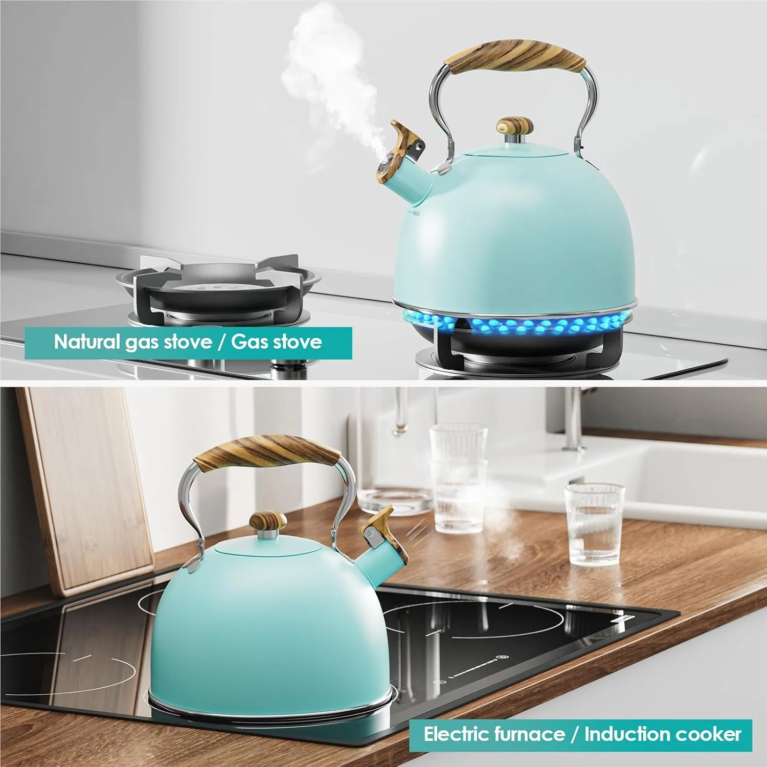2.6 Quart Tea Kettle Stovetop Whistling for Stove Top Food Grade Stainless Steel Tea Kettles with Cool Wood Pattern Handle, Blue