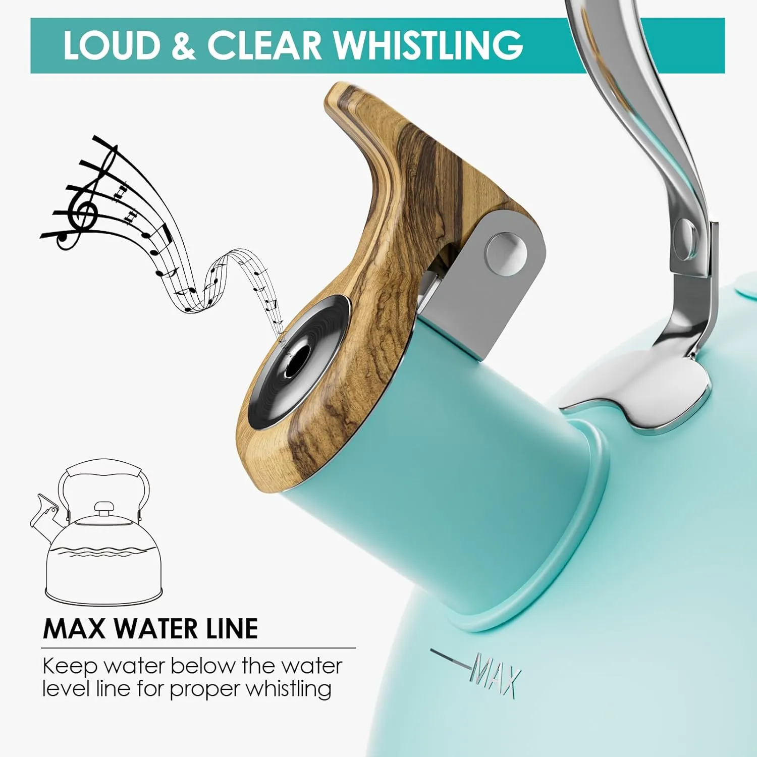 2.6 Quart Tea Kettle Stovetop Whistling for Stove Top Food Grade Stainless Steel Tea Kettles with Cool Wood Pattern Handle, Blue