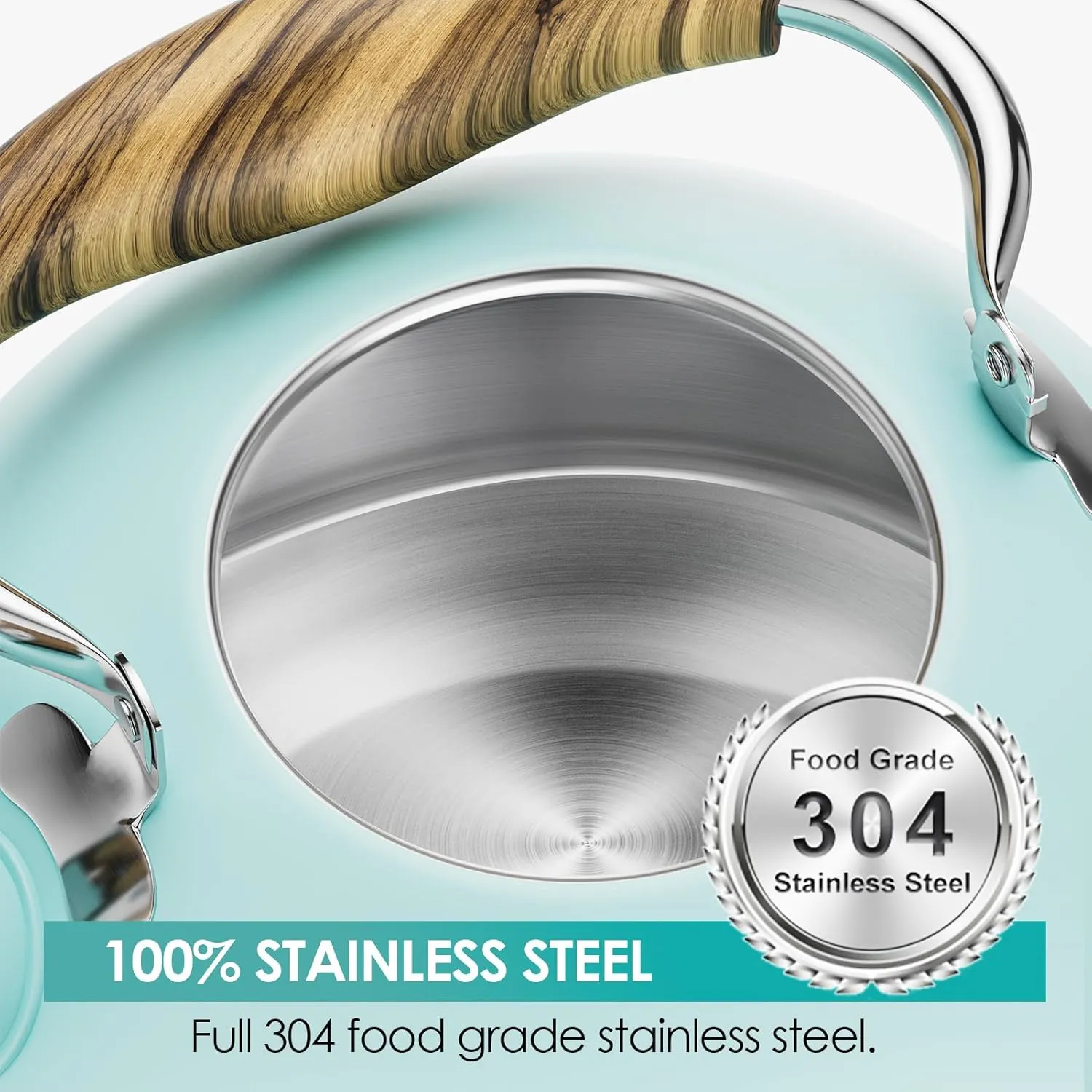 2.6 Quart Tea Kettle Stovetop Whistling for Stove Top Food Grade Stainless Steel Tea Kettles with Cool Wood Pattern Handle, Blue