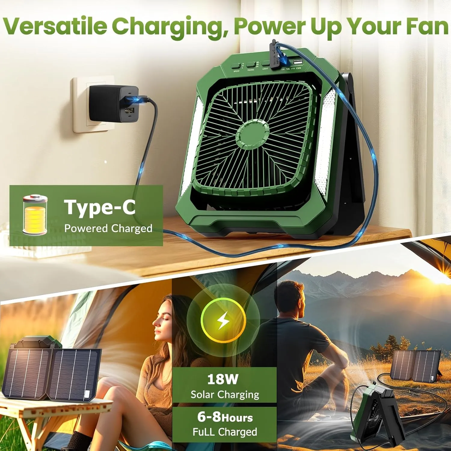 26800mAh Portable Fan Rechargeable with 18W Detachable Solar Panel, Quiet Battery Powered Camping Fan Cordless with LED Lantern,3 Speed,Timer,USB-C,for Bedroom Tent Home Office Desk Hurricane(Green)
