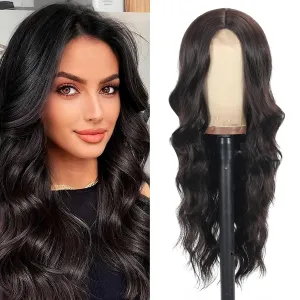 28 Inch Lace Front Synthetic Wig Pre Plucked Long Brown Wavy Wig Body Wave Dark Brown Glueless Wigs for Women Natural Looking for Party and Daily Use