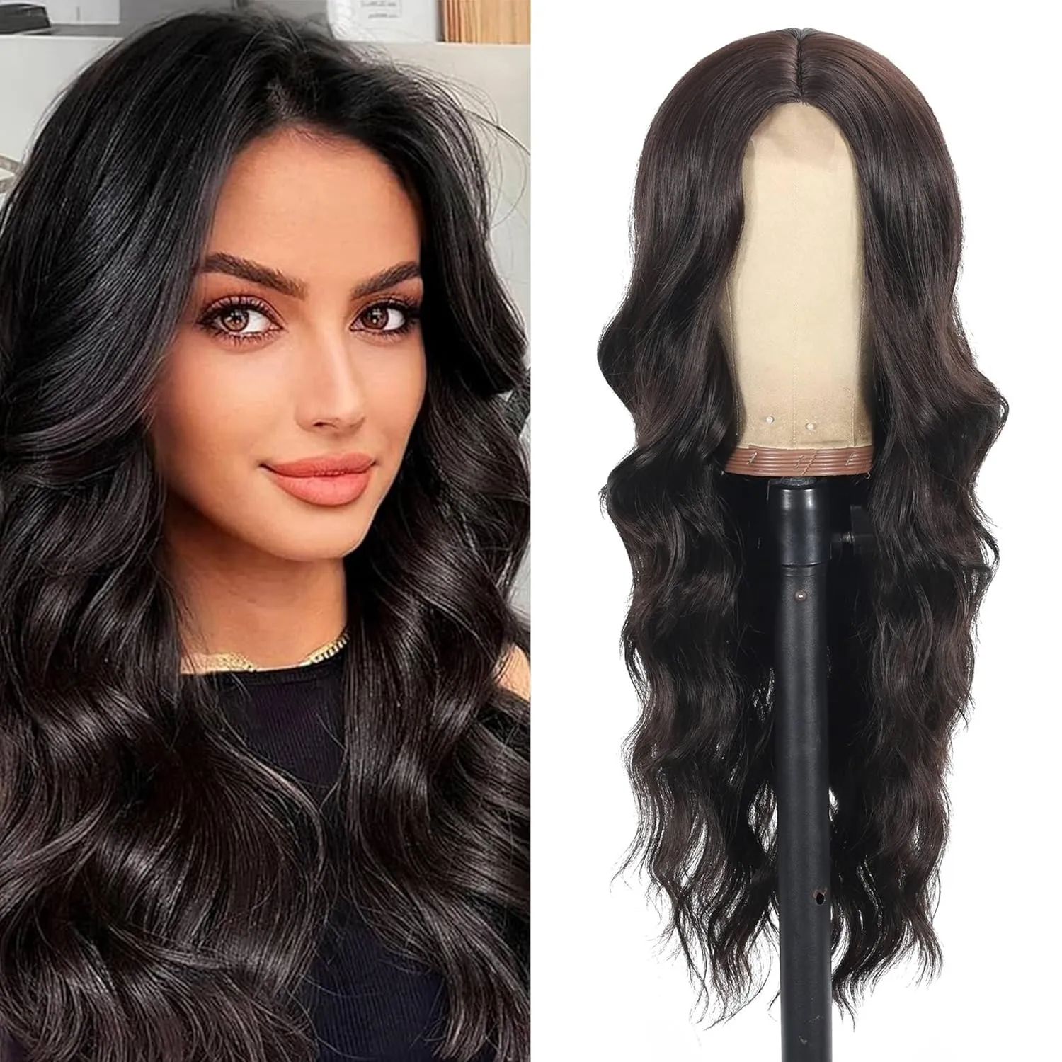 28 Inch Lace Front Synthetic Wig Pre Plucked Long Brown Wavy Wig Body Wave Dark Brown Glueless Wigs for Women Natural Looking for Party and Daily Use