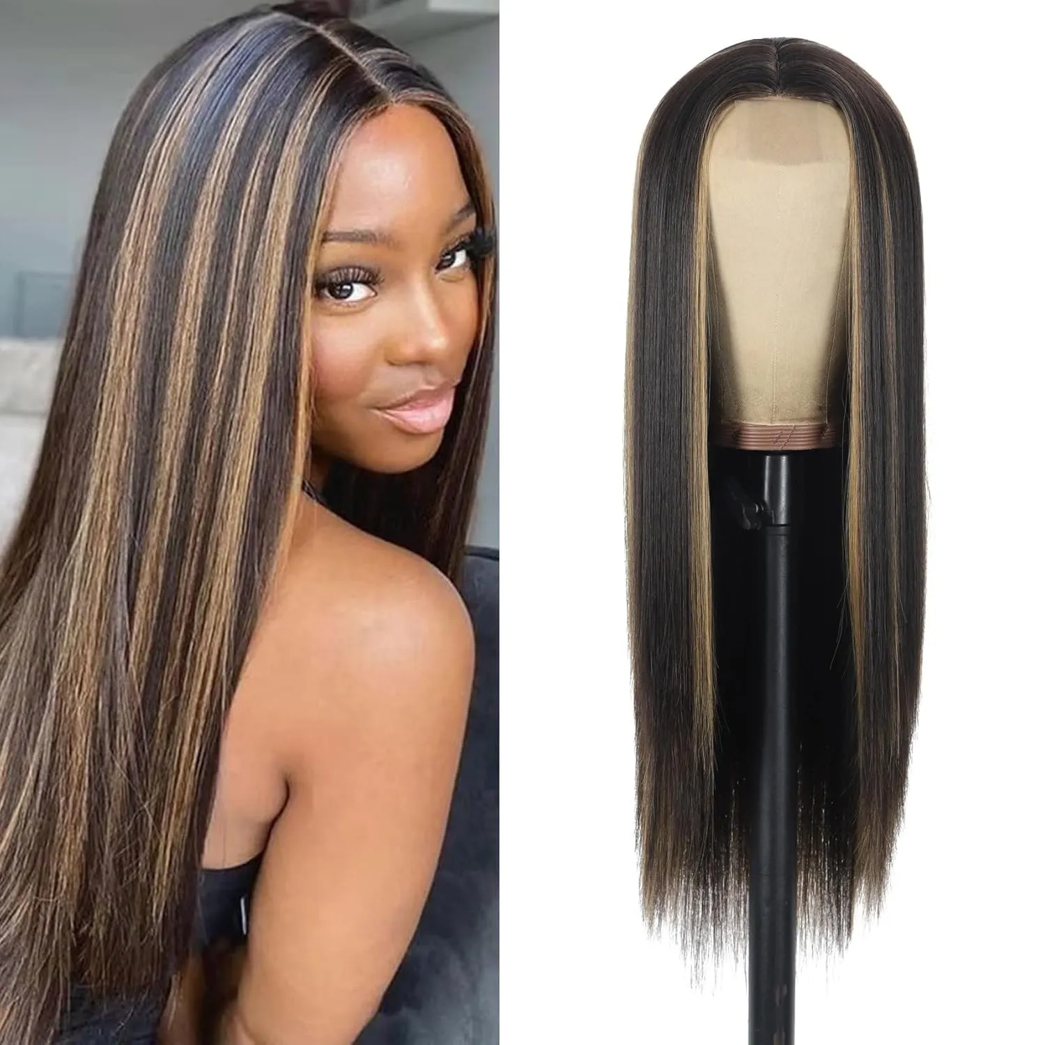 28 Inch Straight Synthetic Wig Long Blonde Brown With Highlights Middle Part Glueless Lace Front Wigs for Women Natural Looking for Party and Daily Use (Straight Wig Brown Mixed Blonde)