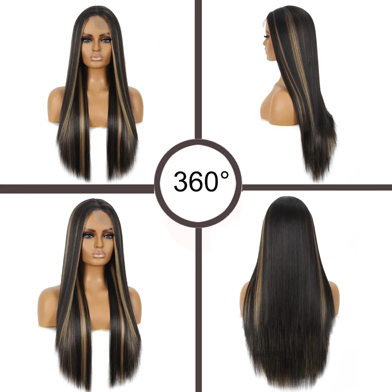 28 Inch Straight Synthetic Wig Long Blonde Brown With Highlights Middle Part Glueless Lace Front Wigs for Women Natural Looking for Party and Daily Use (Straight Wig Brown Mixed Blonde)