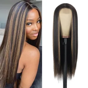 28 Inch Straight Synthetic Wig Long Blonde Brown With Highlights Middle Part Glueless Lace Front Wigs for Women Natural Looking for Party and Daily Use (Straight Wig Brown Mixed Blonde)
