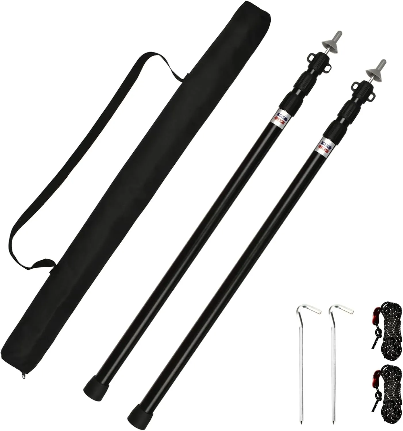 2pcs Camping Tent Poles, 95-234cm Telescoping Pole Adjustable, Thicken Aluminum Alloy Tarp Poles Support Rods Beach Shelter Tarp Awning Pole for Hiking Camping, Black