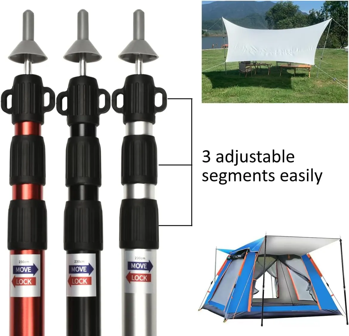 2pcs Camping Tent Poles, 95-234cm Telescoping Pole Adjustable, Thicken Aluminum Alloy Tarp Poles Support Rods Beach Shelter Tarp Awning Pole for Hiking Camping, Black