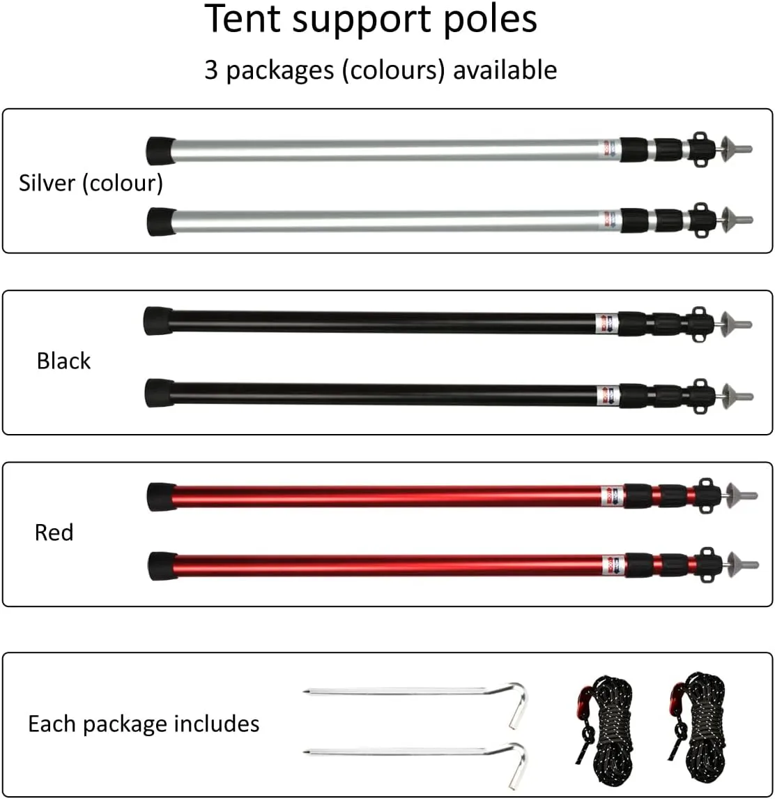 2pcs Camping Tent Poles, 95-234cm Telescoping Pole Adjustable, Thicken Aluminum Alloy Tarp Poles Support Rods Beach Shelter Tarp Awning Pole for Hiking Camping, Black