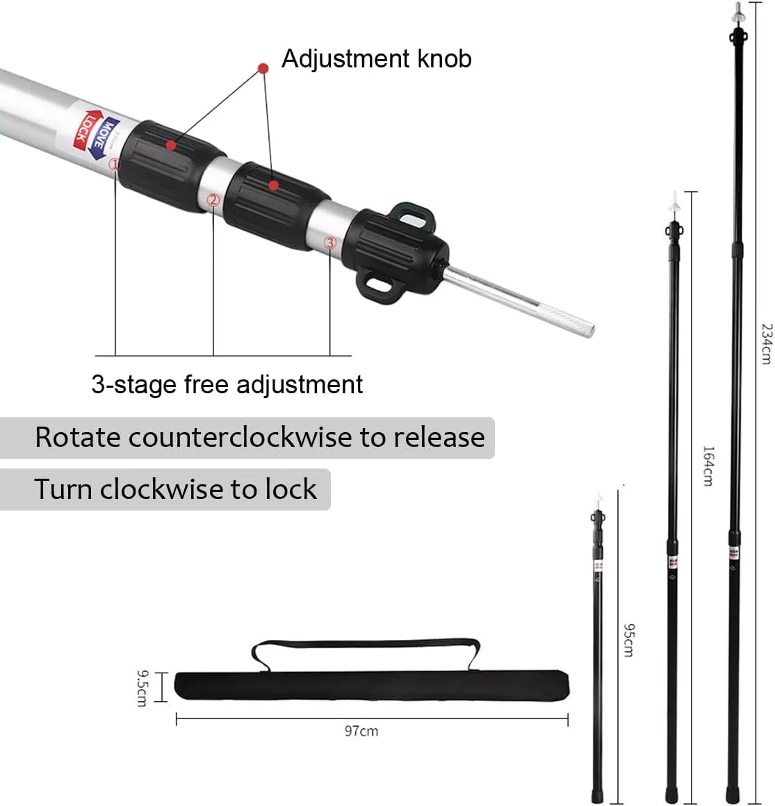 2pcs Camping Tent Poles, 95-234cm Telescoping Pole Adjustable, Thicken Aluminum Alloy Tarp Poles Support Rods Beach Shelter Tarp Awning Pole for Hiking Camping, Black