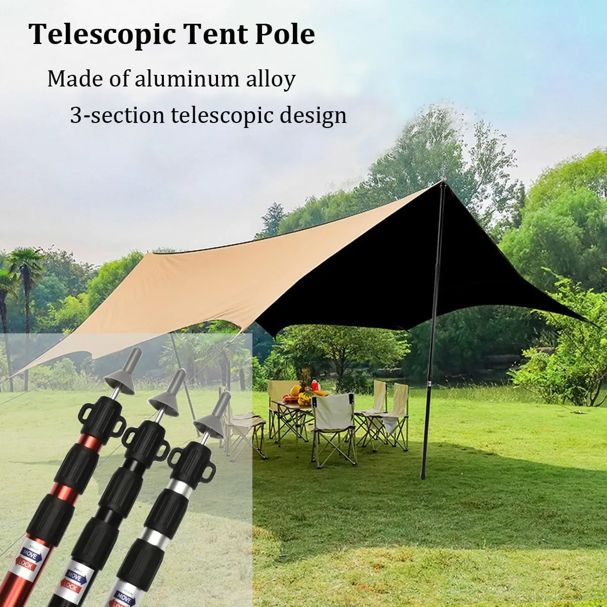 2pcs Camping Tent Poles, 95-234cm Telescoping Pole Adjustable, Thicken Aluminum Alloy Tarp Poles Support Rods Beach Shelter Tarp Awning Pole for Hiking Camping, Black