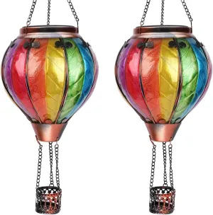 2PCS Hot Air Balloon Solar Lanterns with Shepherd Hooks, Hanging Flickering Flame Lights 18" H Outdoor Lamp Waterproof for Garden Patio Yard Party Decor Mother's Day Gift, Colorful