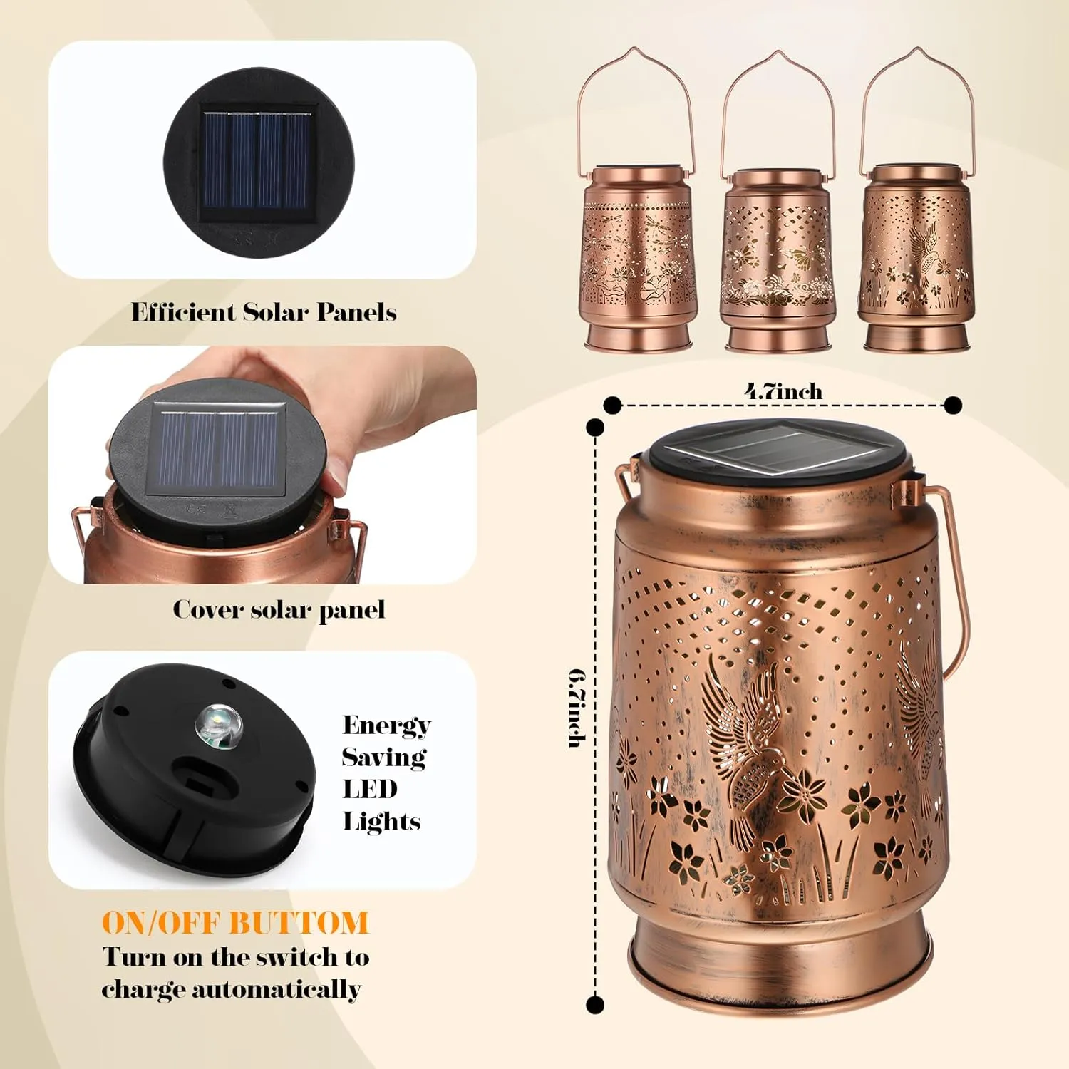 3 Pack Solar Lanterns Outdoor Waterproof Hanging Lights, Fathers Day Gifts Metal LED Lanterns Gifts for Women Garden Patio Yard Lawn Backyard Porch (Hummingbird, Butterfly, Dragonfly)