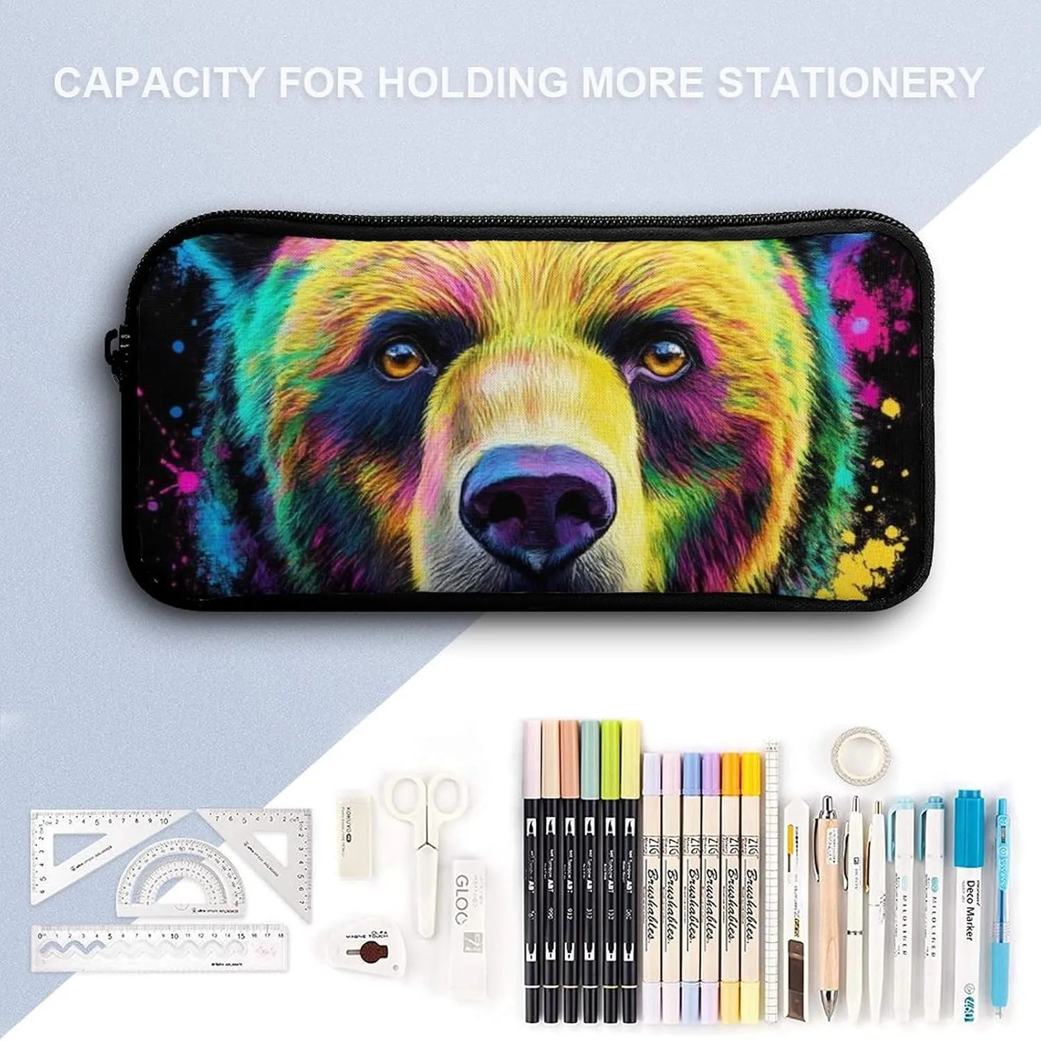 3 Pieces Mens Backpack with Reusable Insulated Lunch Bag Pencil Case Splash Ink Bear 17 Inch Travel College Daypack Stationery Pouch