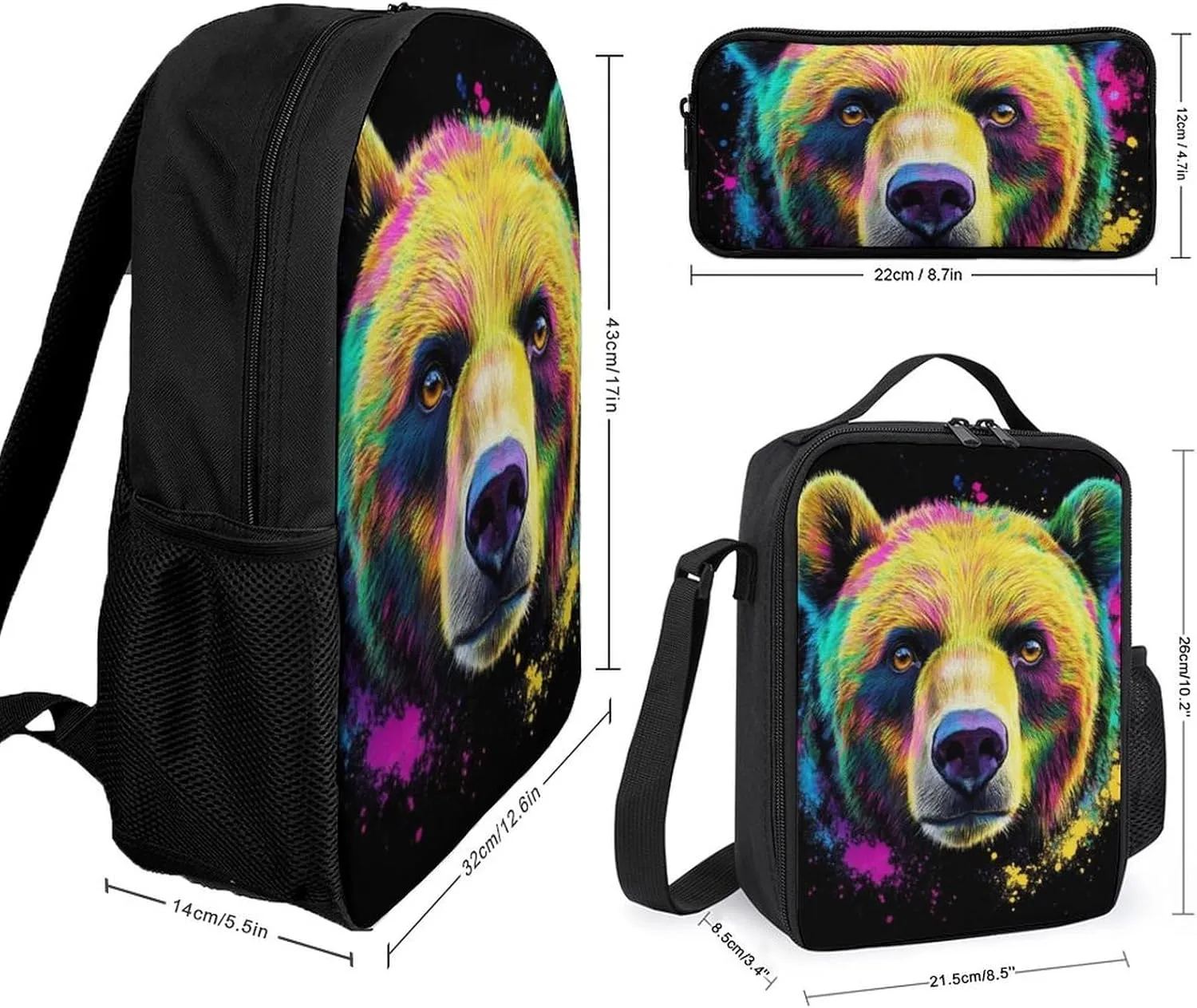 3 Pieces Mens Backpack with Reusable Insulated Lunch Bag Pencil Case Splash Ink Bear 17 Inch Travel College Daypack Stationery Pouch