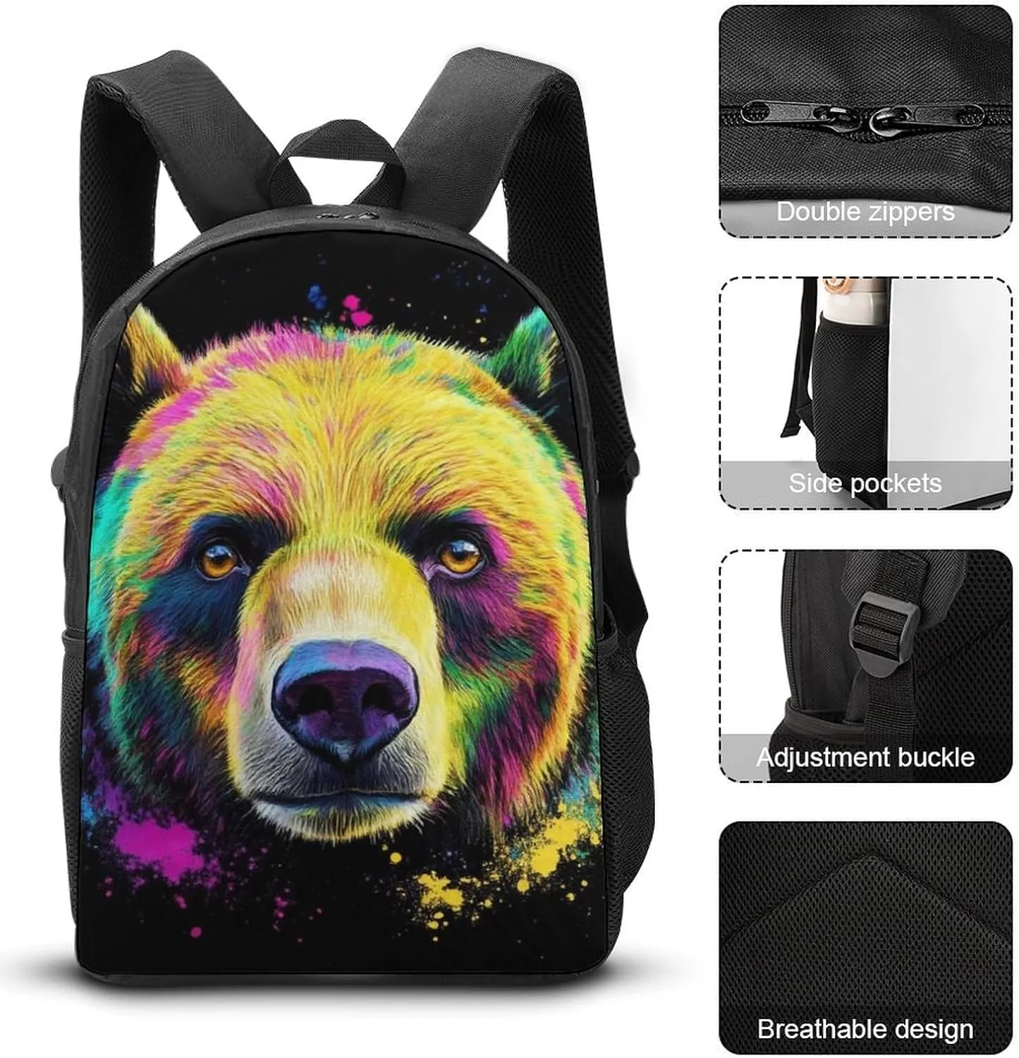 3 Pieces Mens Backpack with Reusable Insulated Lunch Bag Pencil Case Splash Ink Bear 17 Inch Travel College Daypack Stationery Pouch