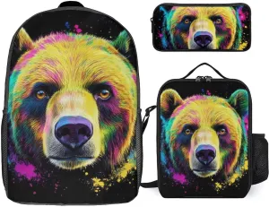 3 Pieces Mens Backpack with Reusable Insulated Lunch Bag Pencil Case Splash Ink Bear 17 Inch Travel College Daypack Stationery Pouch