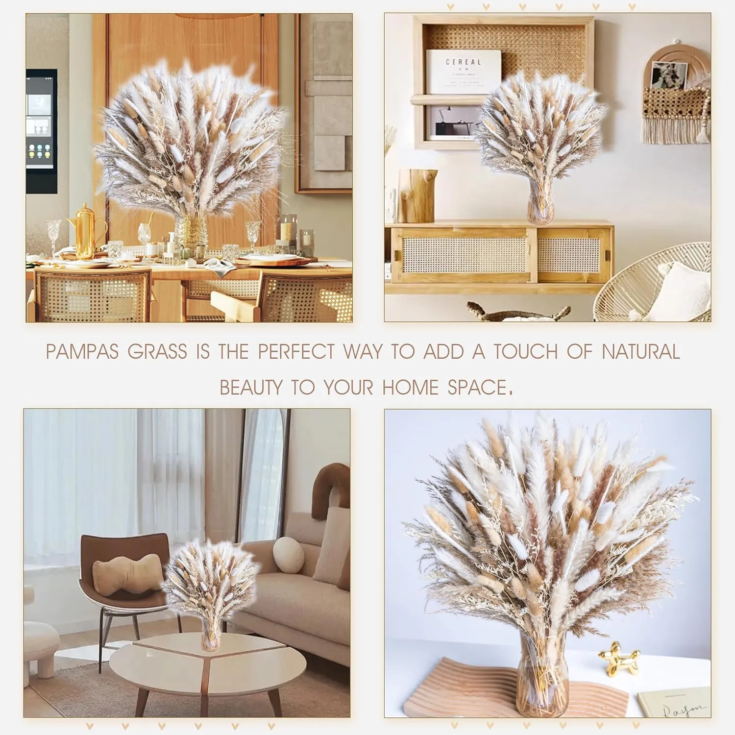 300PCS Natural Dried Pampas Grass Boho Home Decor Bouquet Phragmites Dried Flowers Bouquet for Wedding Floral Arrangements Home Decorations (300PCS)