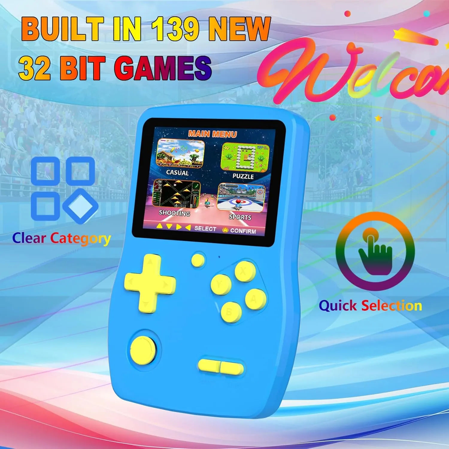 32 Bit Handheld Games for Kids,3.0'' IPS HD Screen and Built in 139 Video Games,Rechargeable Portable Electronic Gaming Player Toys for Ages 4-14,Boys Girls Xmas Birthday Gift (Blue)