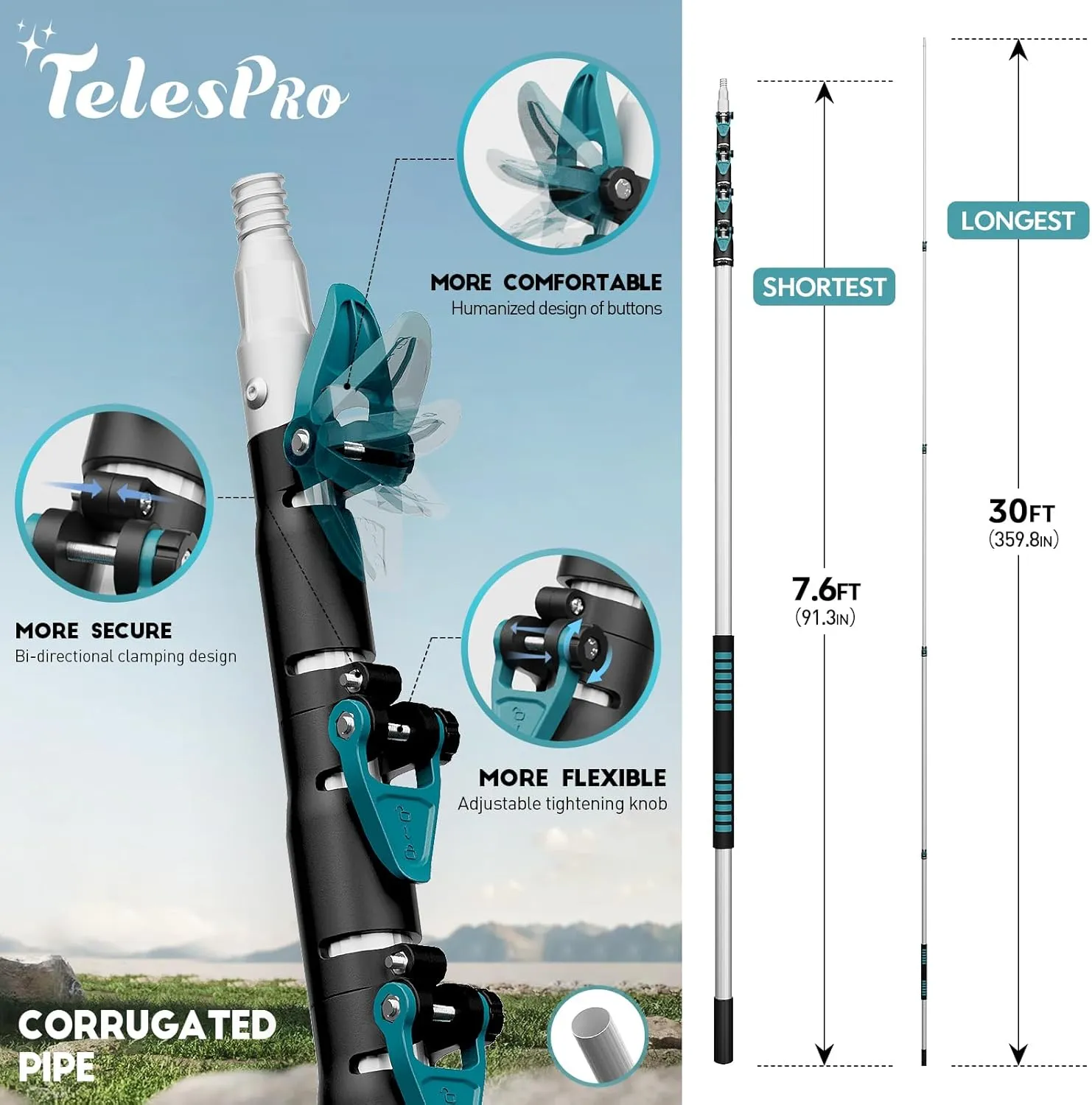 36 Foot High-Reach Duster Kit with 7-30FT Extendable Pole - High Ceiling Duster Cleaning Kit with Telescopic Pole,Cobweb Duster, Chenille Ceiling Fan Duster, Microfiber Feather Duster