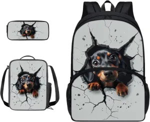 3D Dachshund Dog Print Backpack Set for Boys Girls Book Bag with Zipper Large Capacity Laptop Backpack 3 Pcs Bookbag Lunch Box Pen Case Primary Student Back-to-School Bag