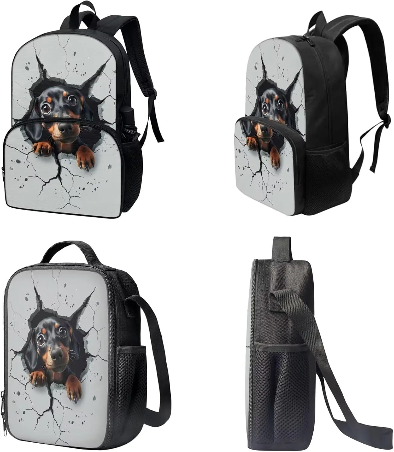 3D Dachshund Dog Print Backpack Set for Boys Girls Book Bag with Zipper Large Capacity Laptop Backpack 3 Pcs Bookbag Lunch Box Pen Case Primary Student Back-to-School Bag