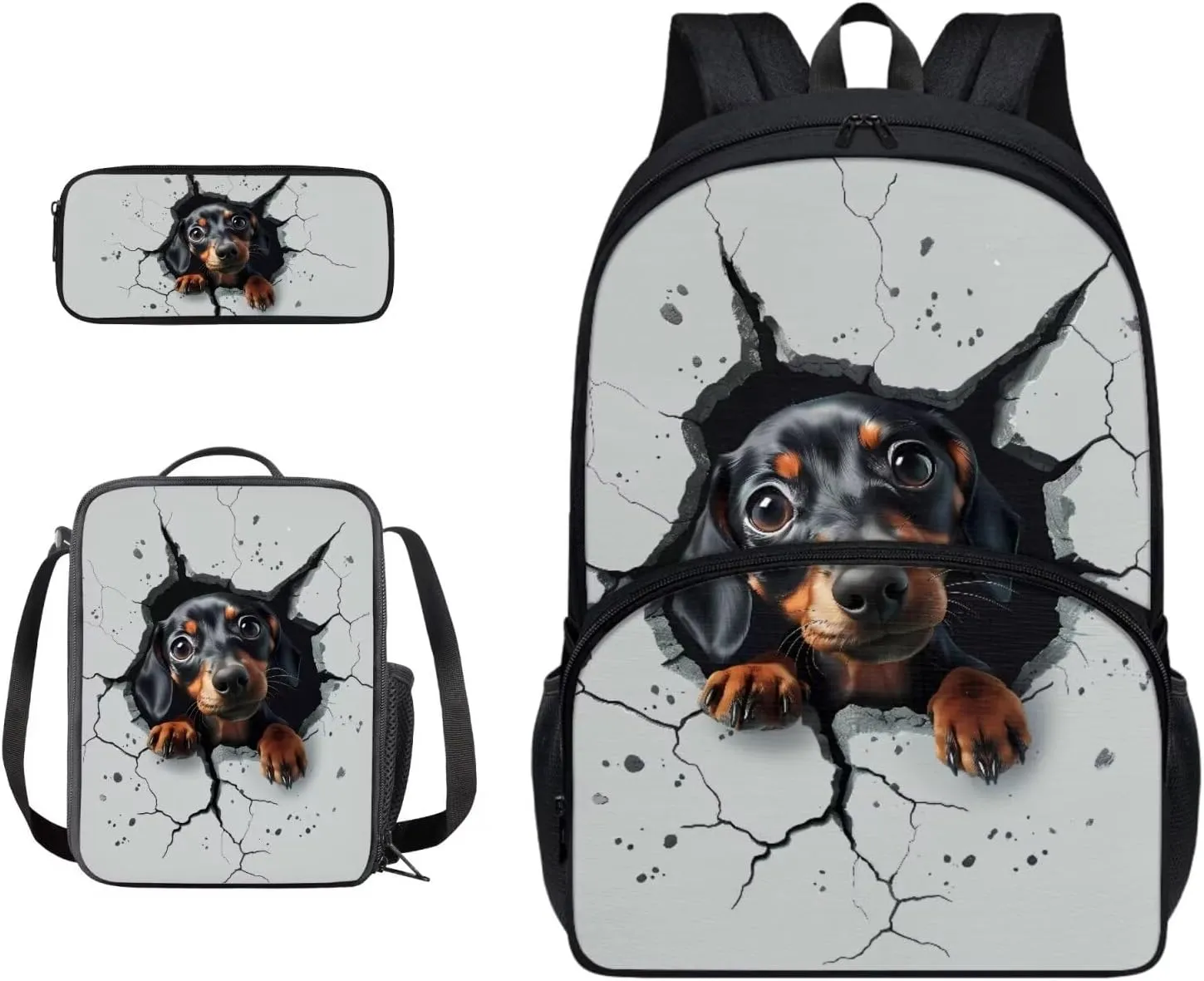 3D Dachshund Dog Print Backpack Set for Boys Girls Book Bag with Zipper Large Capacity Laptop Backpack 3 Pcs Bookbag Lunch Box Pen Case Primary Student Back-to-School Bag