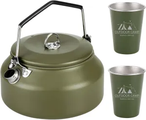 3PCS Camping Kettle Outdoor Campfire Camp Kettle Set with 2 Cups, 1L Stainless Steel camping tea kettle Coffee Pot, Portable Lightweight Teapot, Ideal for Hiking Picnic Travel, Green