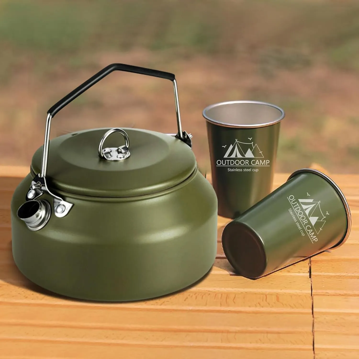 3PCS Camping Kettle Outdoor Campfire Camp Kettle Set with 2 Cups, 1L Stainless Steel camping tea kettle Coffee Pot, Portable Lightweight Teapot, Ideal for Hiking Picnic Travel, Green