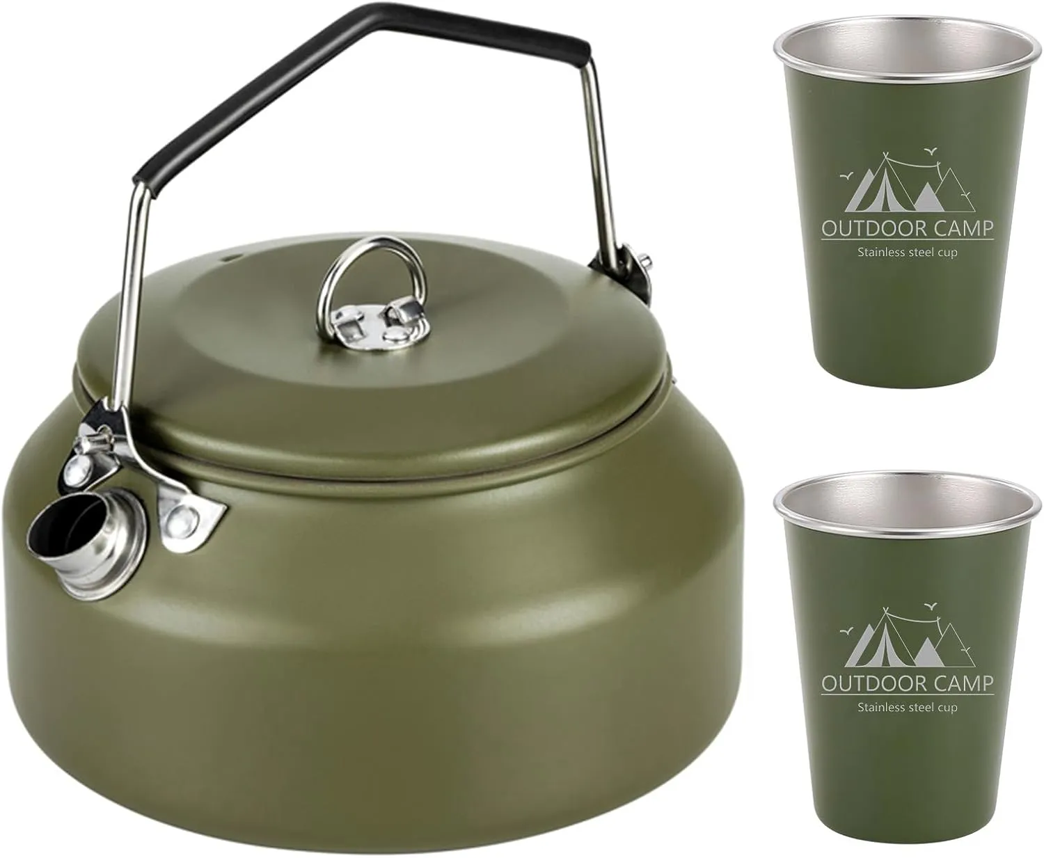 3PCS Camping Kettle Outdoor Campfire Camp Kettle Set with 2 Cups, 1L Stainless Steel camping tea kettle Coffee Pot, Portable Lightweight Teapot, Ideal for Hiking Picnic Travel, Green