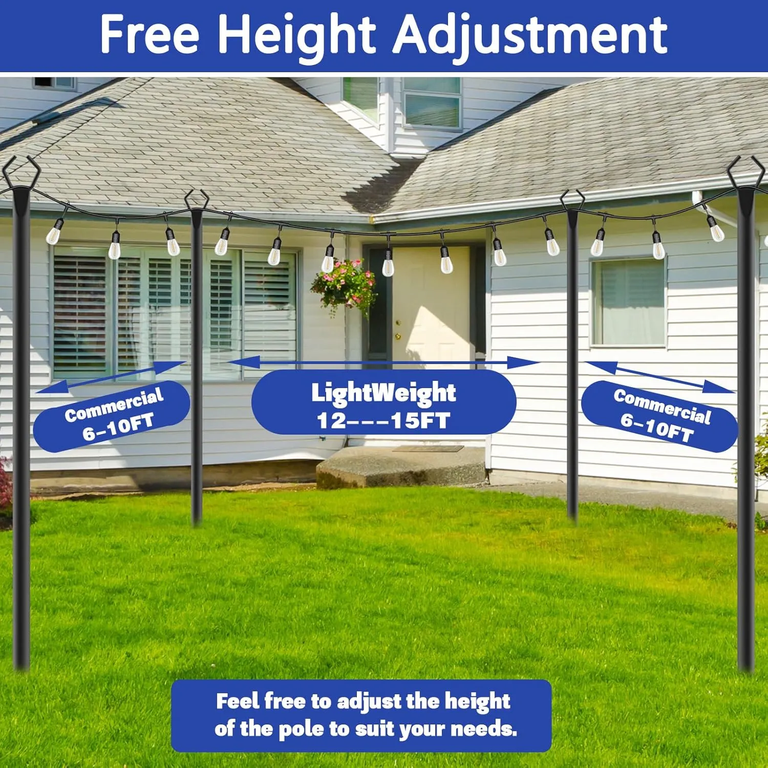 4 Pack 10 ft Heavy Duty Metal String Light Poles Adjustable Outdoor Lighting Stand for Patio,Backyard,Garden,Party & Wedding Rustproof & Sturdy with Hooks