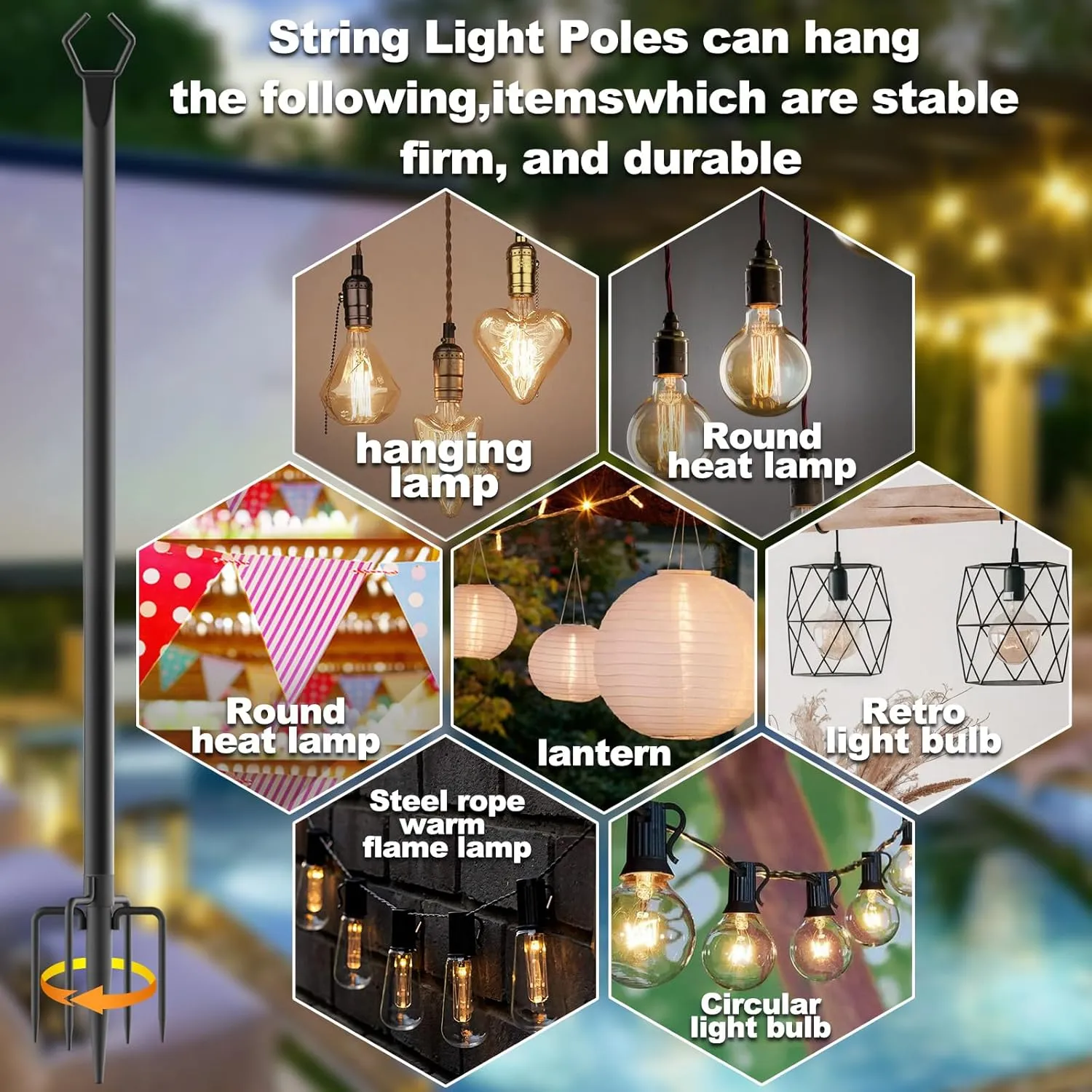 4 Pack 10 ft Heavy Duty Metal String Light Poles Adjustable Outdoor Lighting Stand for Patio,Backyard,Garden,Party & Wedding Rustproof & Sturdy with Hooks