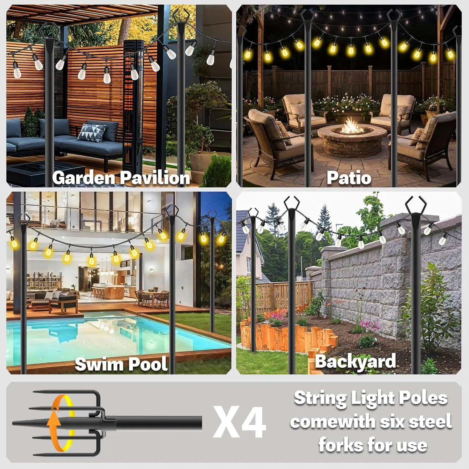 4 Pack 10 ft Heavy Duty Metal String Light Poles Adjustable Outdoor Lighting Stand for Patio,Backyard,Garden,Party & Wedding Rustproof & Sturdy with Hooks