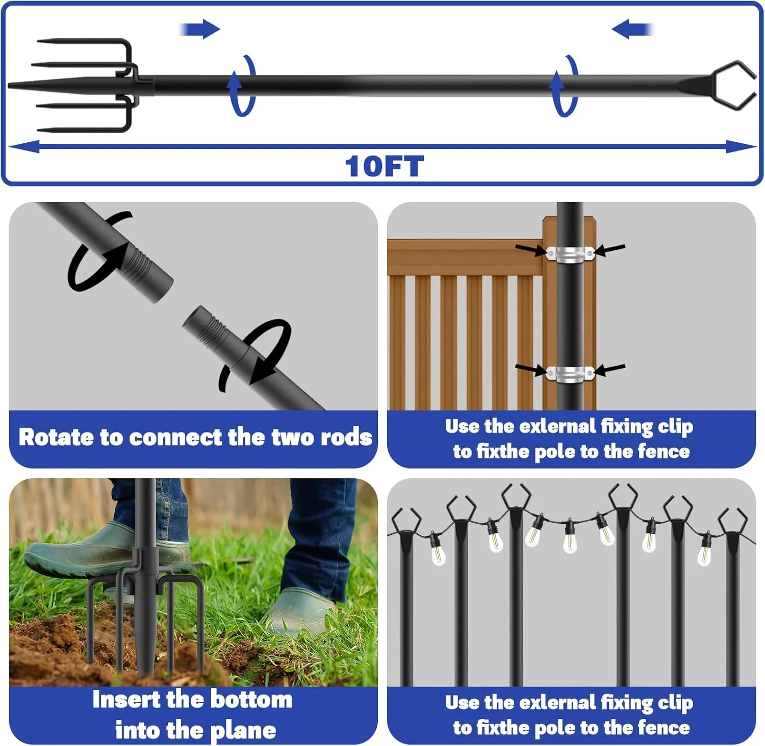 4 Pack 10 ft Heavy Duty Metal String Light Poles Adjustable Outdoor Lighting Stand for Patio,Backyard,Garden,Party & Wedding Rustproof & Sturdy with Hooks