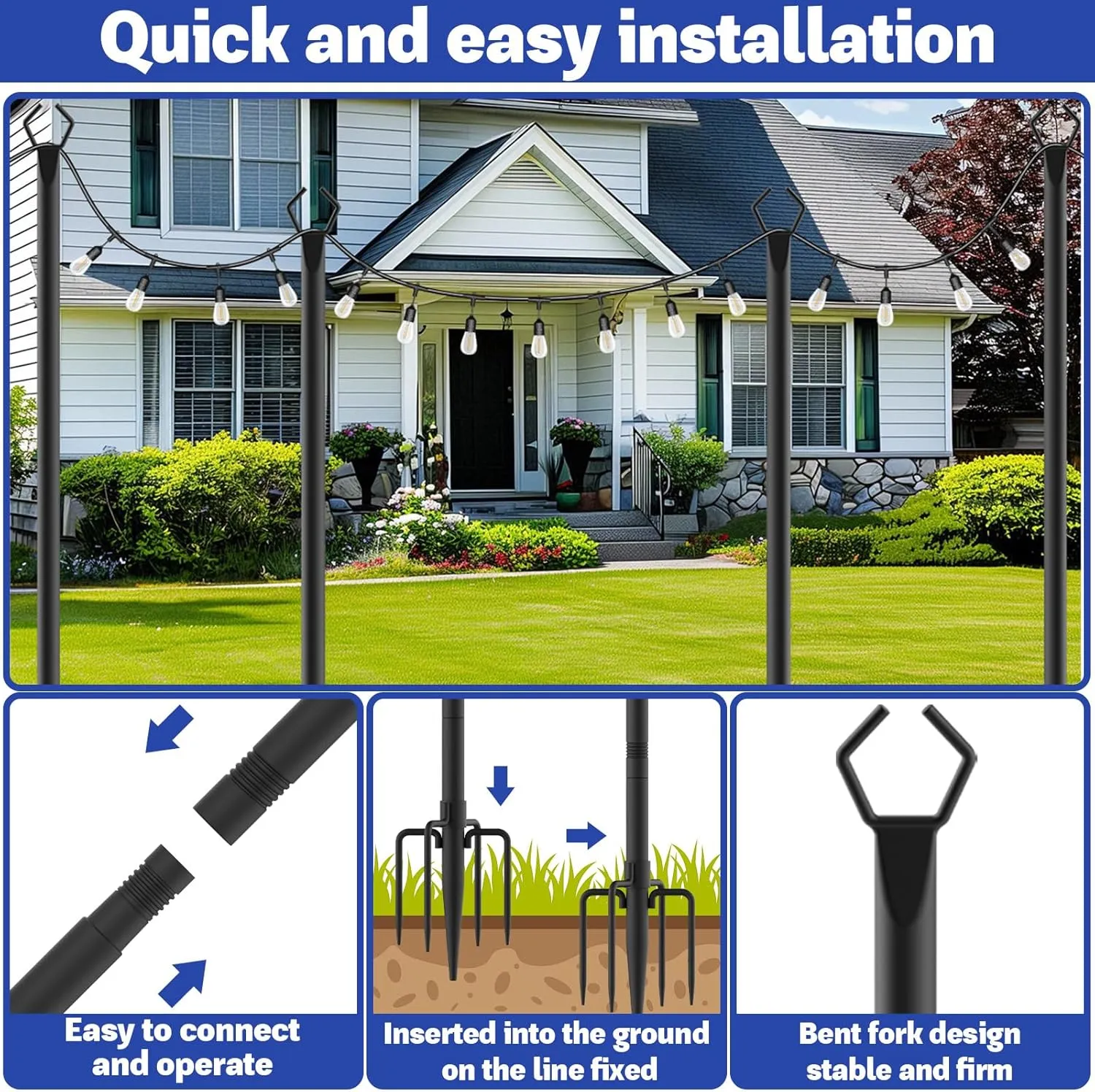 4 Pack 10 ft Heavy Duty Metal String Light Poles Adjustable Outdoor Lighting Stand for Patio,Backyard,Garden,Party & Wedding Rustproof & Sturdy with Hooks