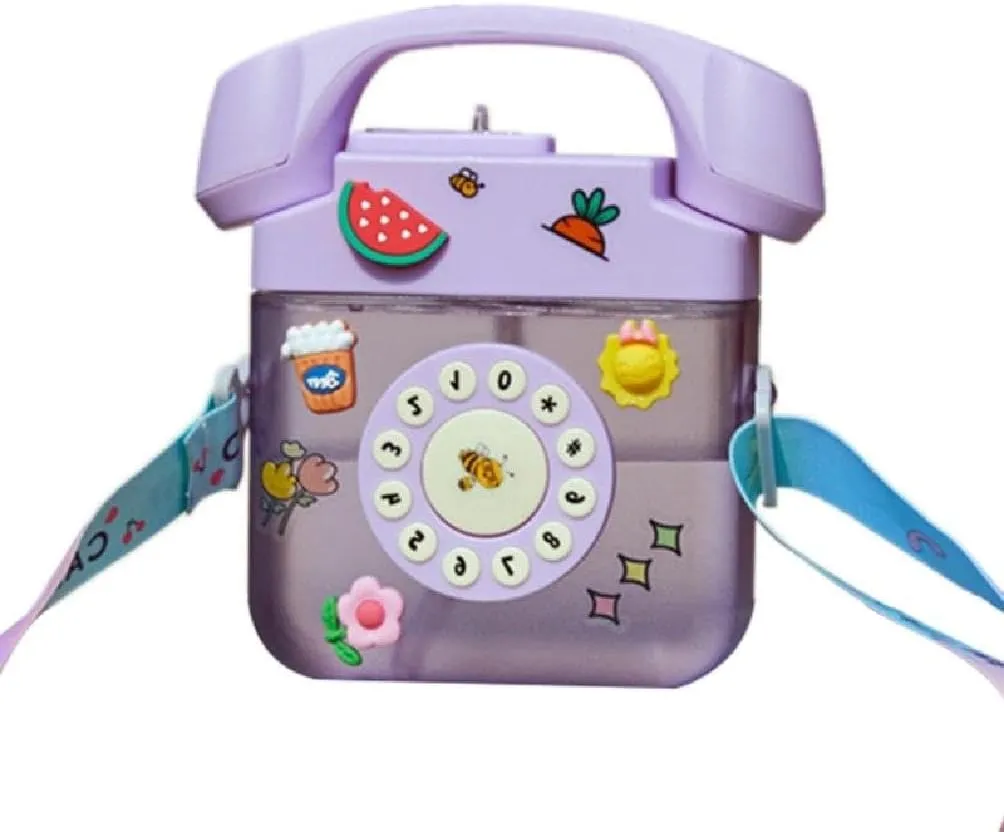400ML Telephone Shape Plastic Water Bottle Children's Straw Kettle With Strap Stickers For School Travel Sports Outdoor Children's Straw Kettle With Strap