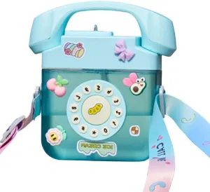 400ML Telephone Shape Plastic Water Bottle Children's Straw Kettle With Strap Stickers For School Travel Sports Outdoor Children's Straw Kettle With Strap