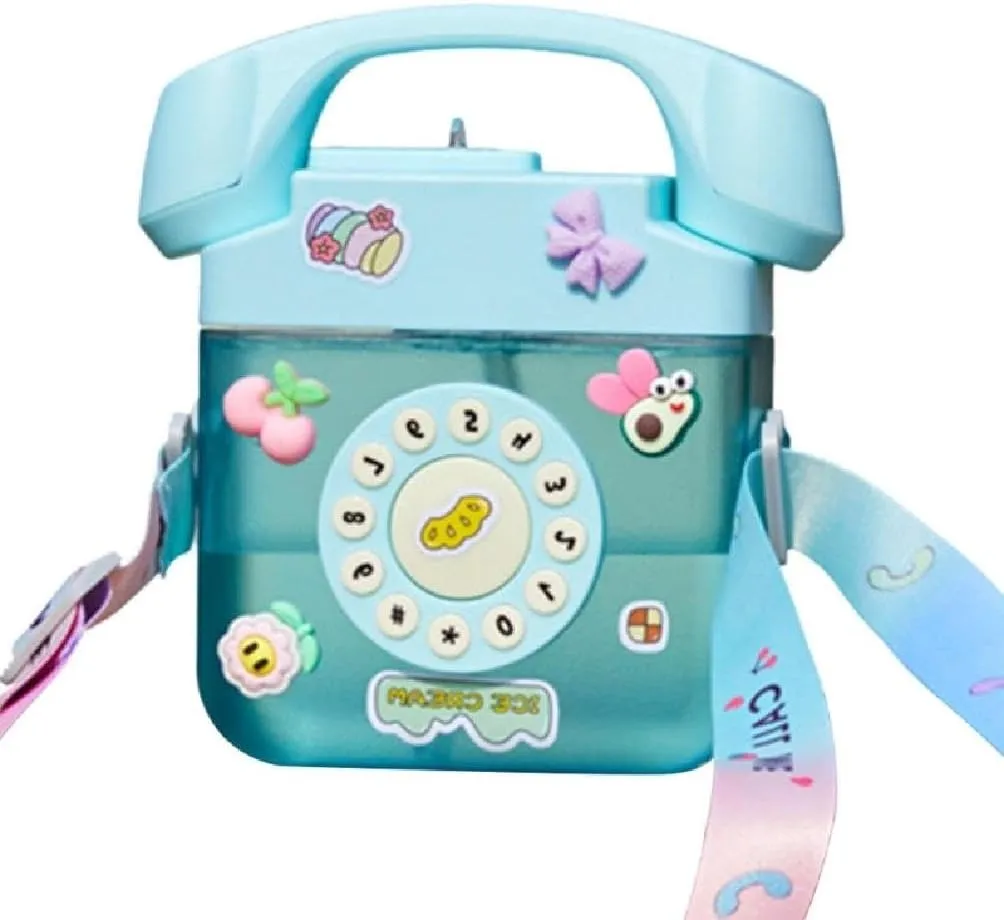 400ML Telephone Shape Plastic Water Bottle Children's Straw Kettle With Strap Stickers For School Travel Sports Outdoor Children's Straw Kettle With Strap