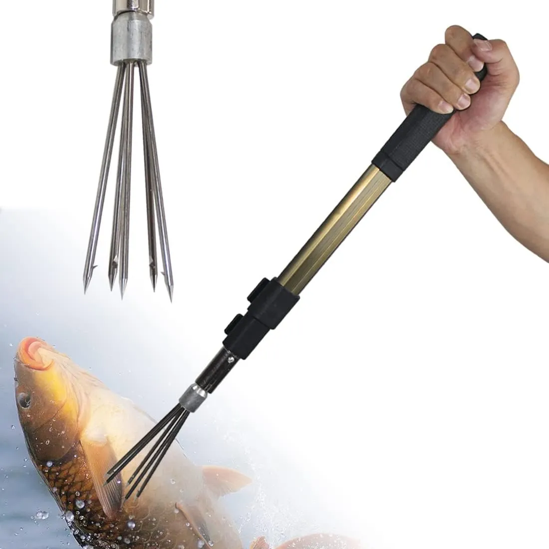 41" Aluminum Alloy Telescopic Rod 5-Prong Harpoon, Replaceable Harpoon, Hunting Fish Gig Gaff Fork Hook 8MM Screw for Catching Fish Frog Mole