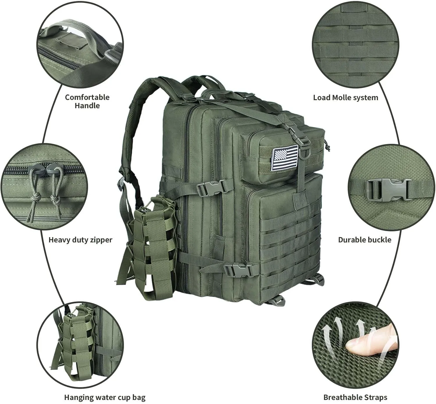 45L Military Tactical Backpack For Men Highland Assault Large Army Pack 3 Day Molle Bug Out Bag With Water Cup Bag Outdoor Camping Hiking Daypack Green Rucksack