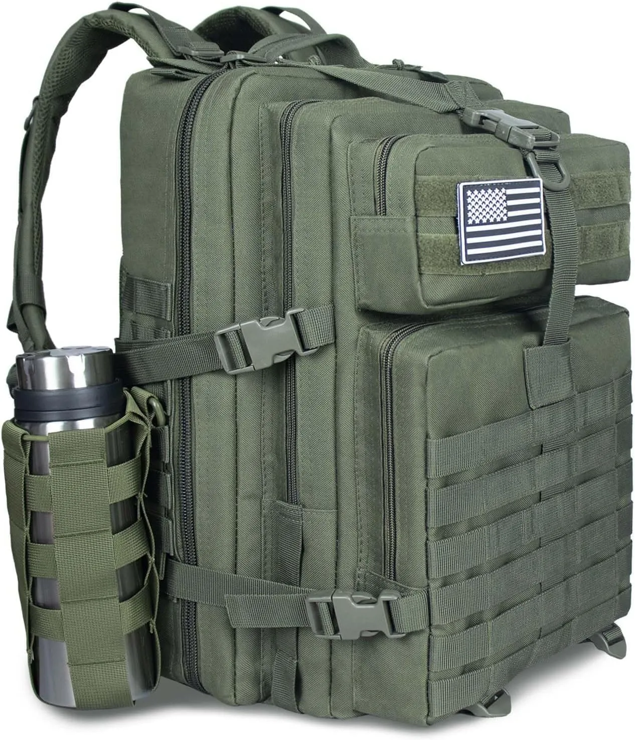 45L Military Tactical Backpack For Men Highland Assault Large Army Pack 3 Day Molle Bug Out Bag With Water Cup Bag Outdoor Camping Hiking Daypack Green Rucksack
