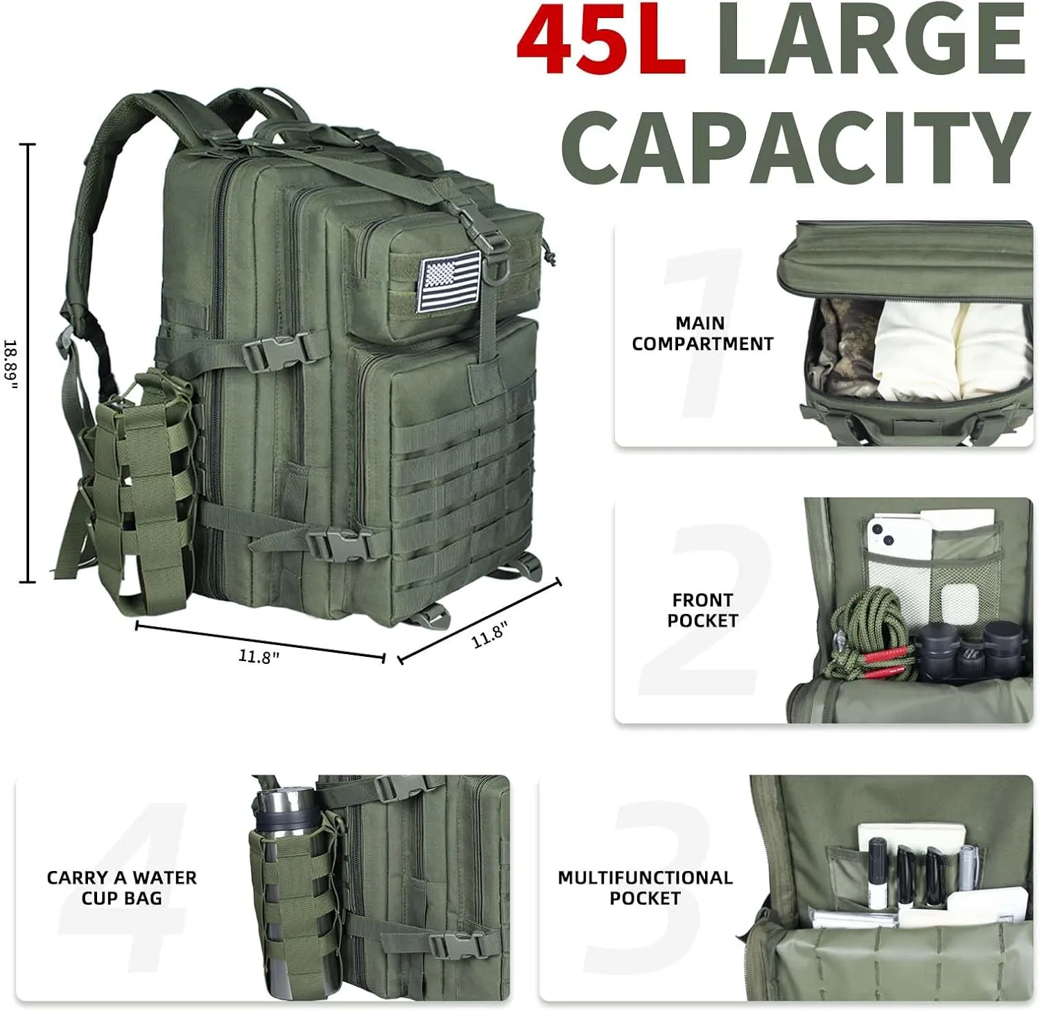 45L Military Tactical Backpack For Men Highland Assault Large Army Pack 3 Day Molle Bug Out Bag With Water Cup Bag Outdoor Camping Hiking Daypack Green Rucksack