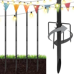 4Pcs String Light Poles with Superior Stability 5-Pronged Base, Waterproof Multiple Sections Ground Support Bracket, Patio Banner Lantern Hanging Stand, Banner Lantern Hanging Support Black